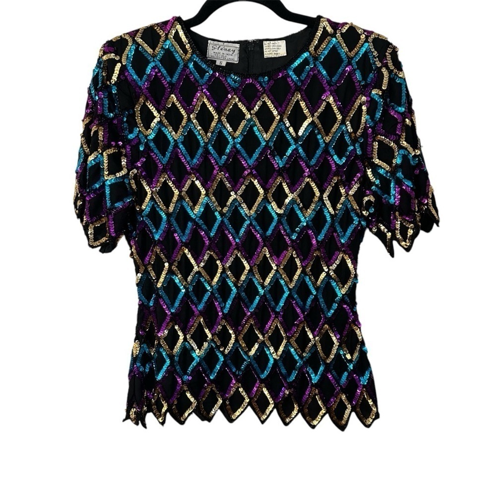 Stenay Women’s Short Sleeve Multicolor Diamond Sequin 100% Silk Top Size S GUC